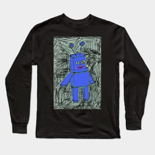 Blue Smiling Happy Robot Pen Drawing Long Sleeve T-Shirt